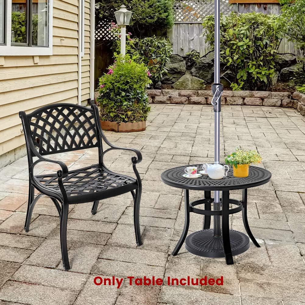Cast Aluminum Round Side Table with Umbrella Hole, Black T572