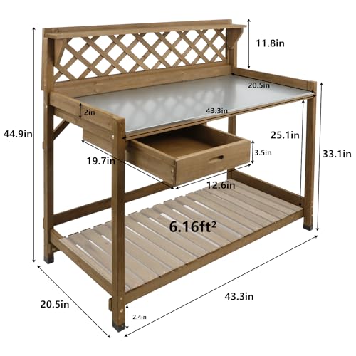 Wooden Potting Bench with Metal Table Top, Drawer and Shelf Q718461