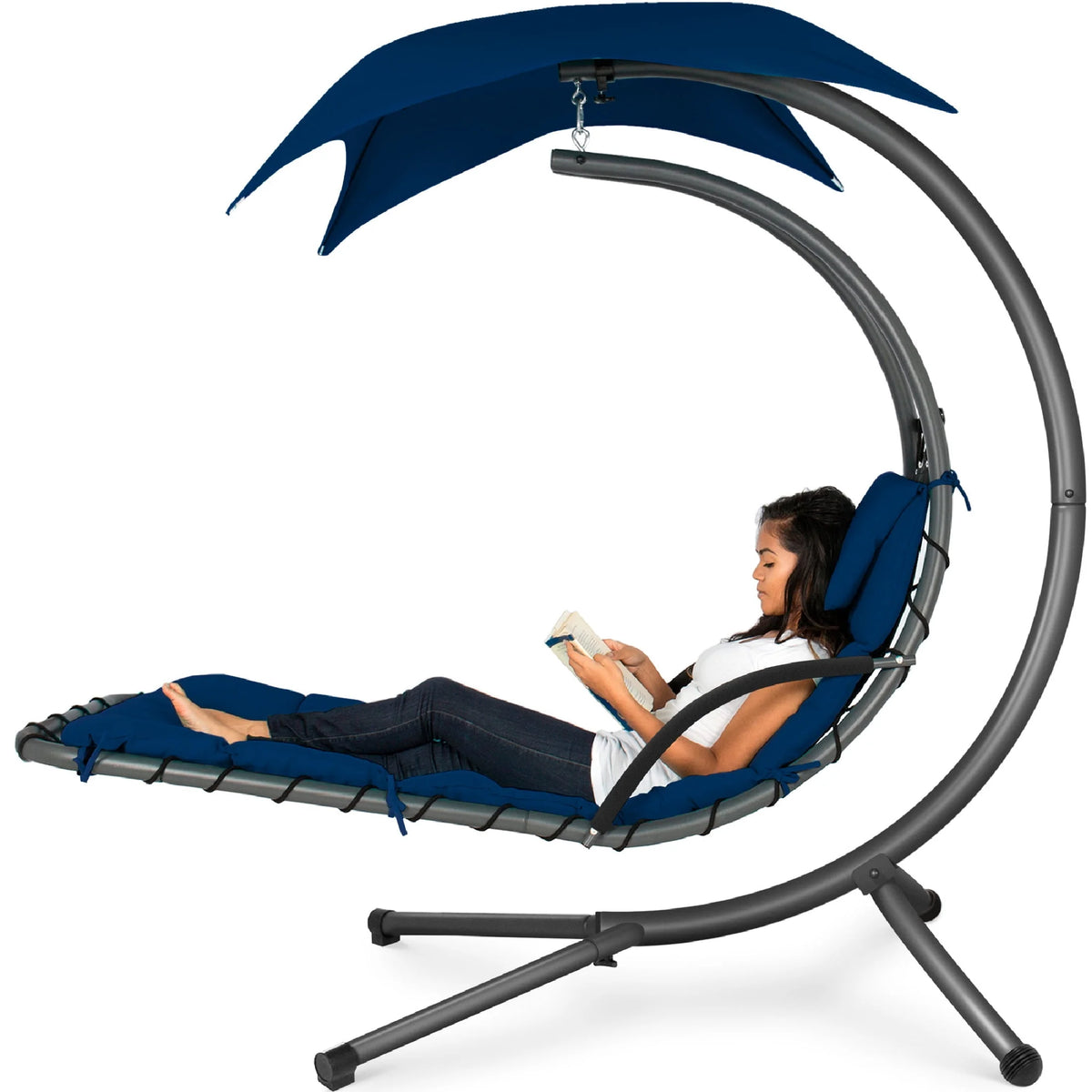 Hanging Curved Chaise Lounge Chair Swing with Pillow, Shade, Stand F928338