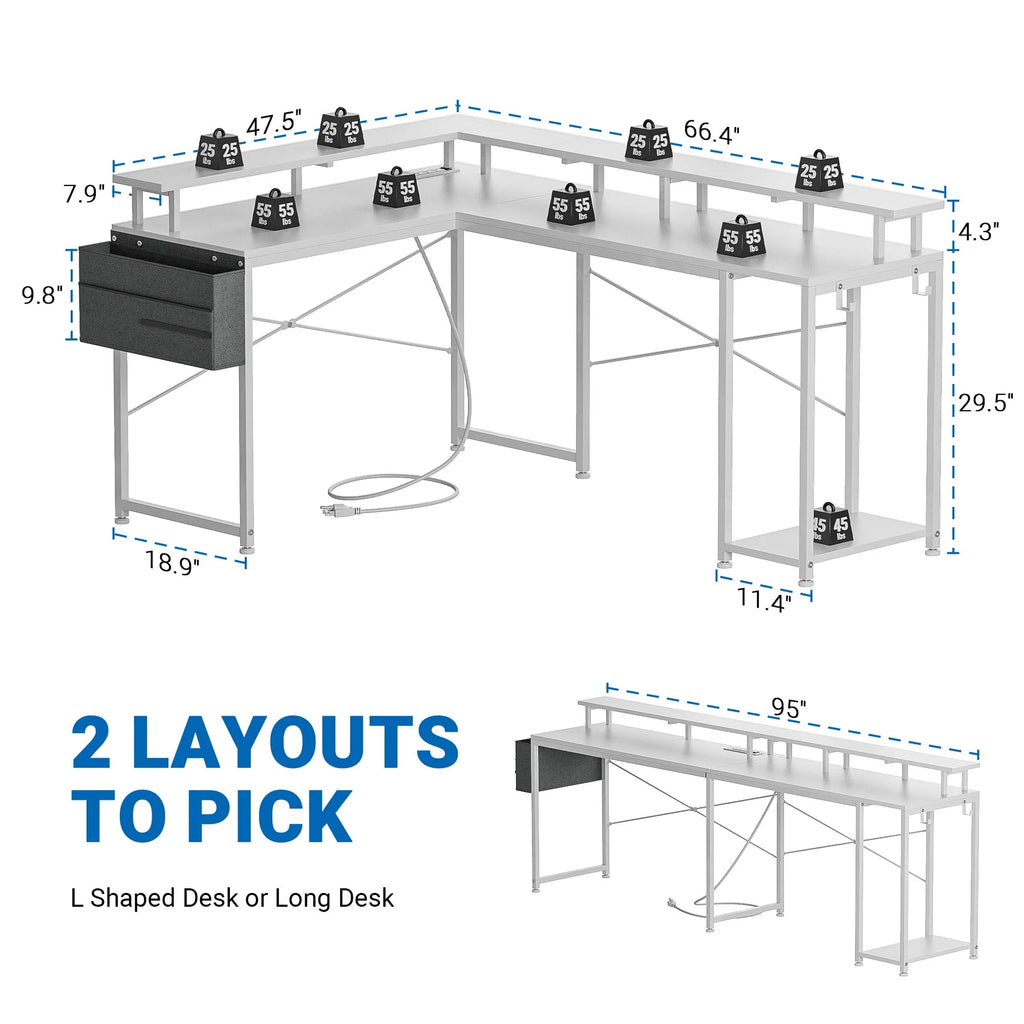 95” L-Shaped Computer Desk with LED Light and Power Outlet, Black F66282