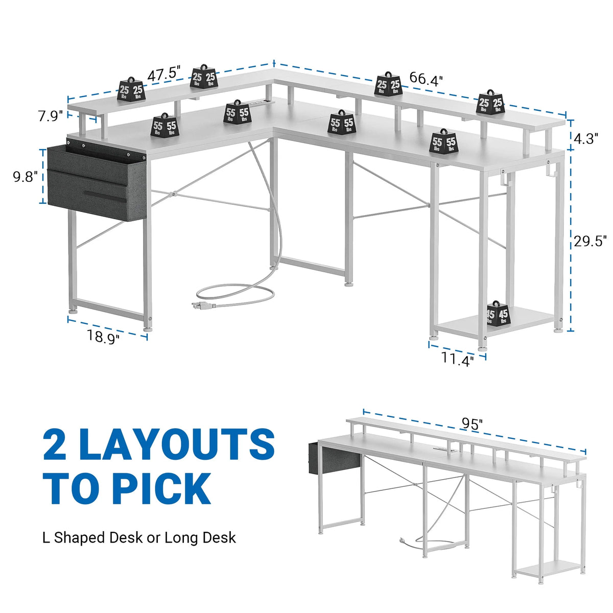 95” L-Shaped Computer Desk with LED Light and Power Outlet, Black F66282