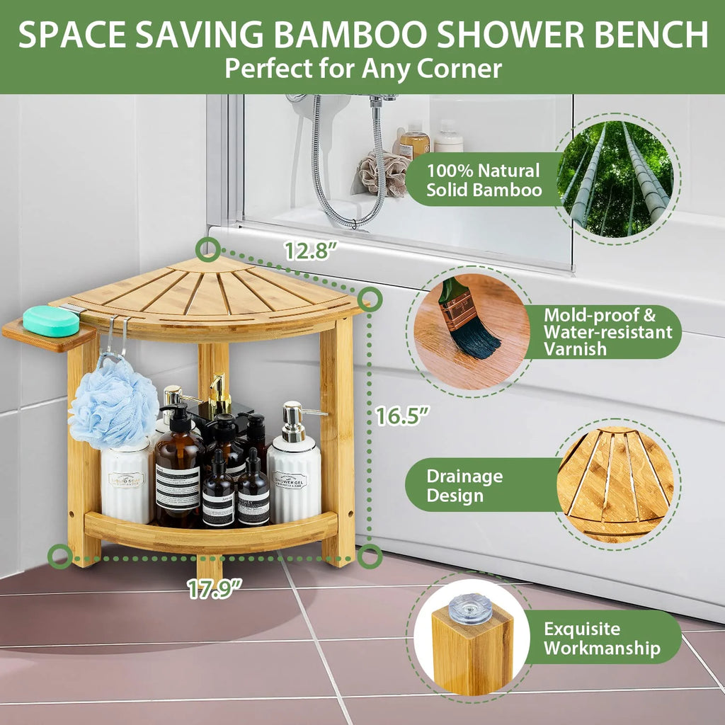 Bamboo Corner Shower Stool with Storage Shelf and Soap Dish E87719