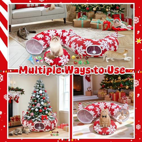 Red Snowflake Cat Tunnel with Washable Mat & 11Pcs Cat Toys V2998