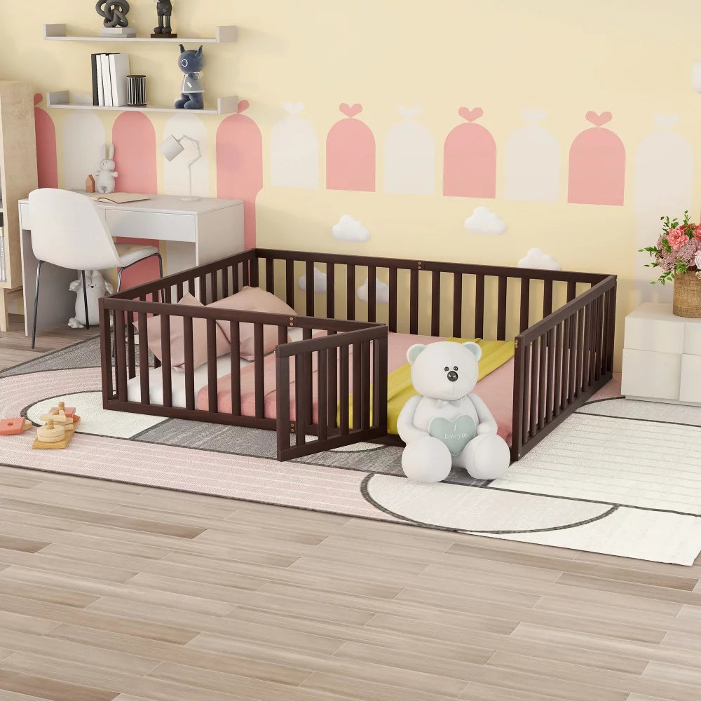 Queen Size Solid Wood Floor Bed Frame with Fence Rail and Door G709