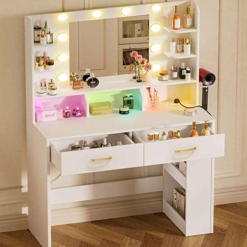 White Vanity Desk with Lighted Mirror and Power Outlet D878749