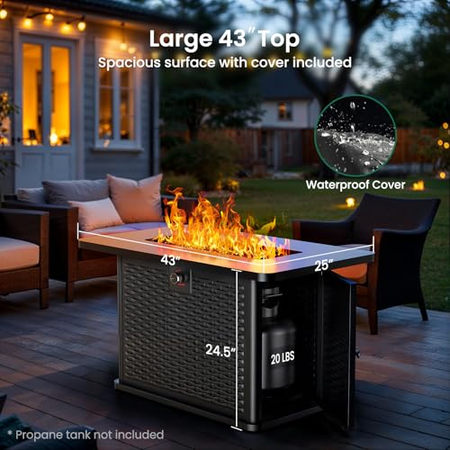 43-Inch Rectangular Propane Fire Pit Table with 60,000 BTU, Glass Stones, and Wind Guard, Black I9748