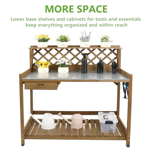 Wooden Potting Bench with Metal Table Top, Drawer and Shelf Q718461