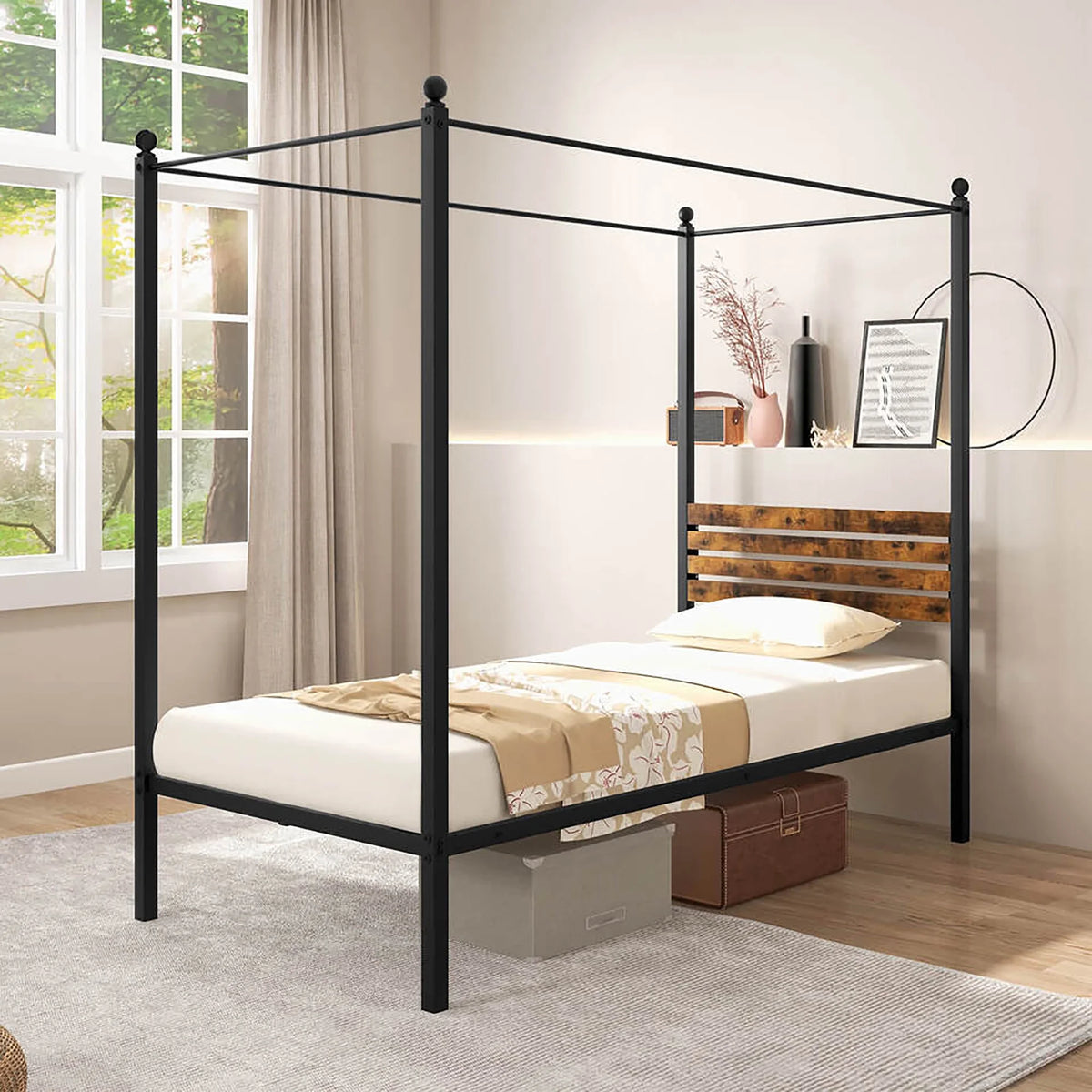 Queen Size 4-Post Canopy Metal Bed Frame Y87083