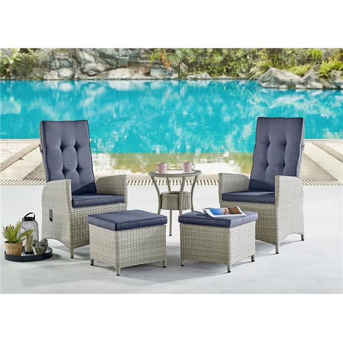 All-Weather Wicker Outdoor Recliners with Ottomans & Glass Top Table Set of 2 M11445