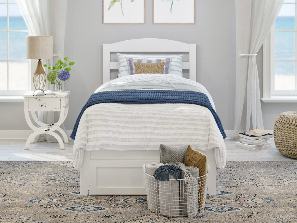 White Twin XL Wood Platform Bed Frame with Foot Drawer Storage H297883