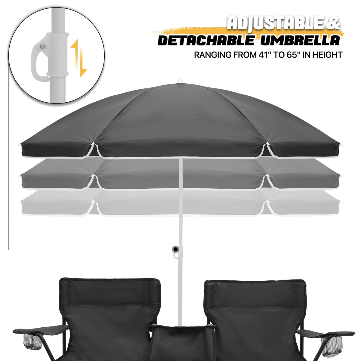 Portable Double Folding Chair with Umbrella, Cooler Bag & Carry Bag, Black H695