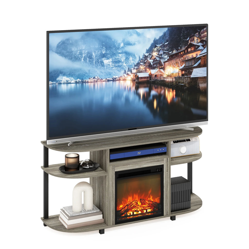 French Oak Grey Entertainment Center Stand with Fireplace for TV up to 55 Inch I527799