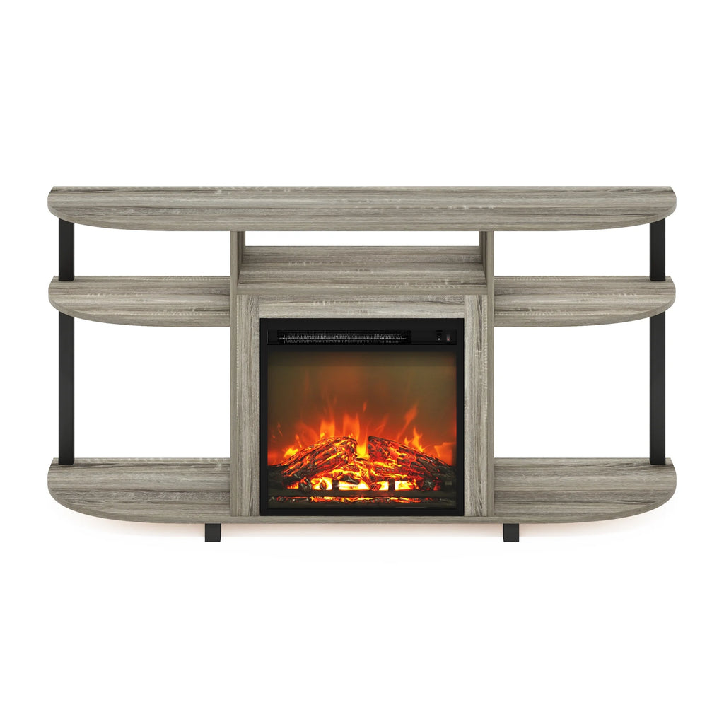 French Oak Grey Entertainment Center Stand with Fireplace for TV up to 55 Inch I527799