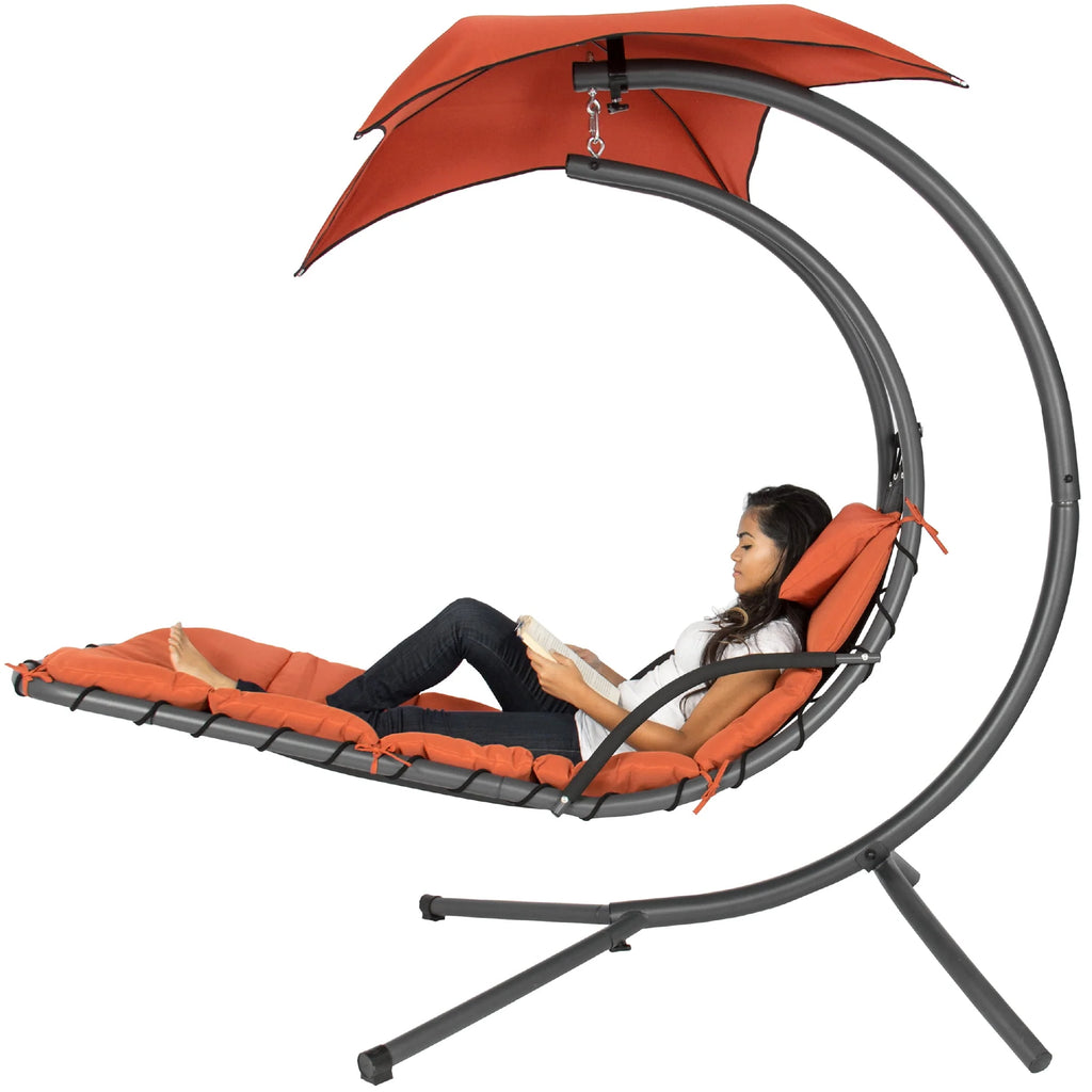 Hanging Curved Chaise Lounge Chair Swing with Pillow, Shade, Stand F928338