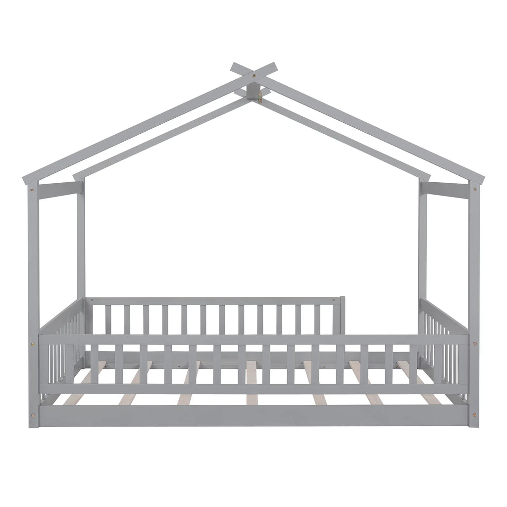 Full Size Wood Floor Bed Frame with Fence Guardrails and House Roof M743