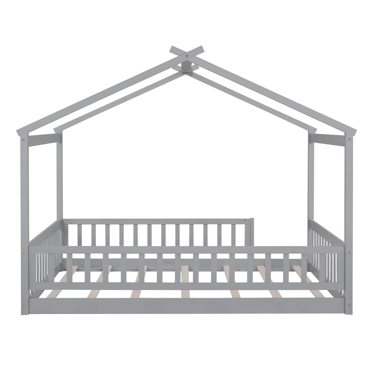 Full Size Wood Floor Bed Frame with Fence Guardrails and House Roof M743