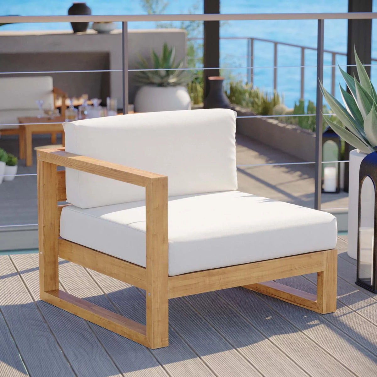 White Teak Wood Fabric Lounge Chair P731