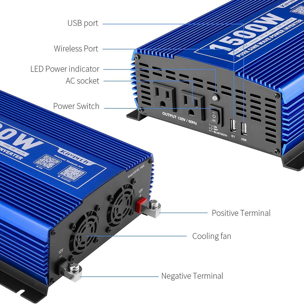 1500W Pure Sine Wave Power Inverter 12V DC to 110V AC with Bluetooth Q618566