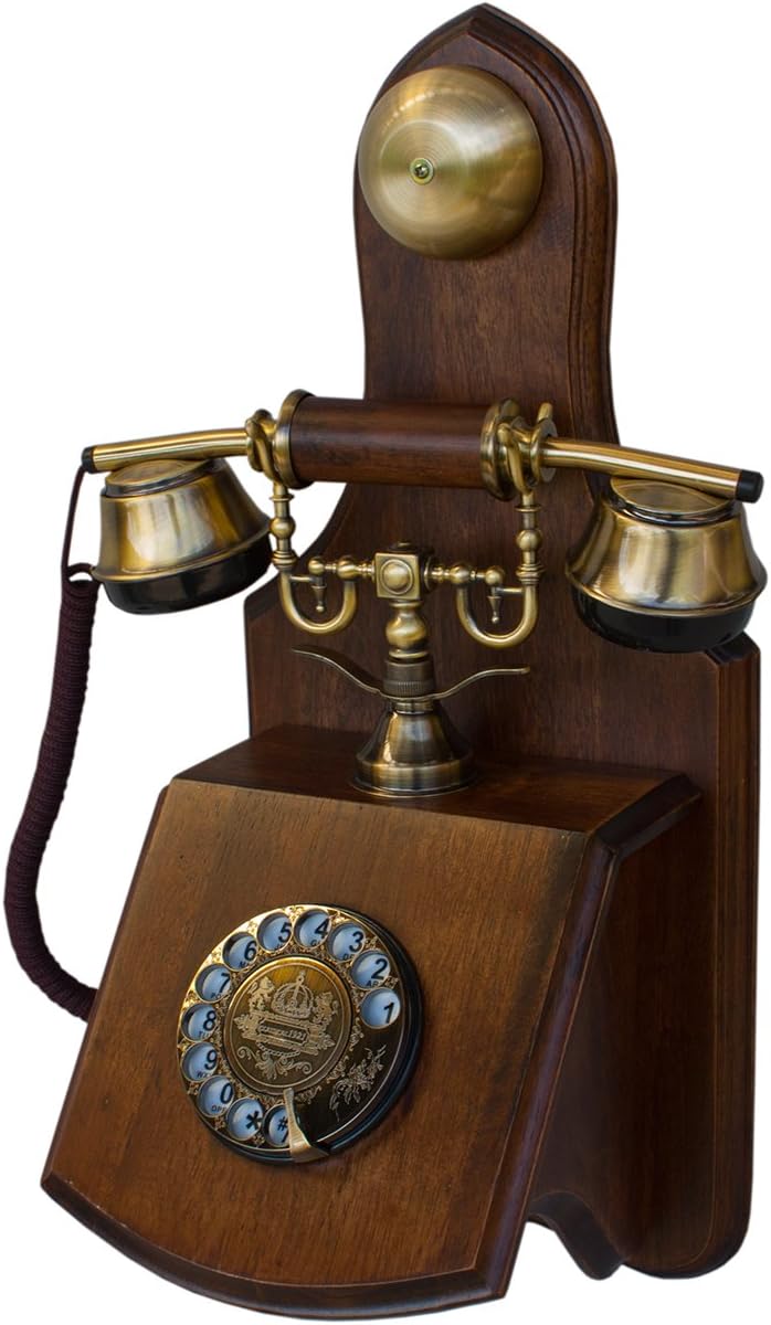 Real Wood Retro Telephone with Vintage Rotary Dial and Metal Bell G1750