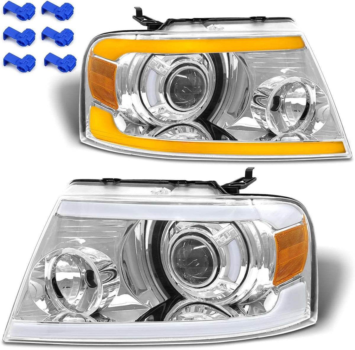 2004-2008 F150 Headlight Assembly with LED Bar Left and Right Chrome Housing X7412