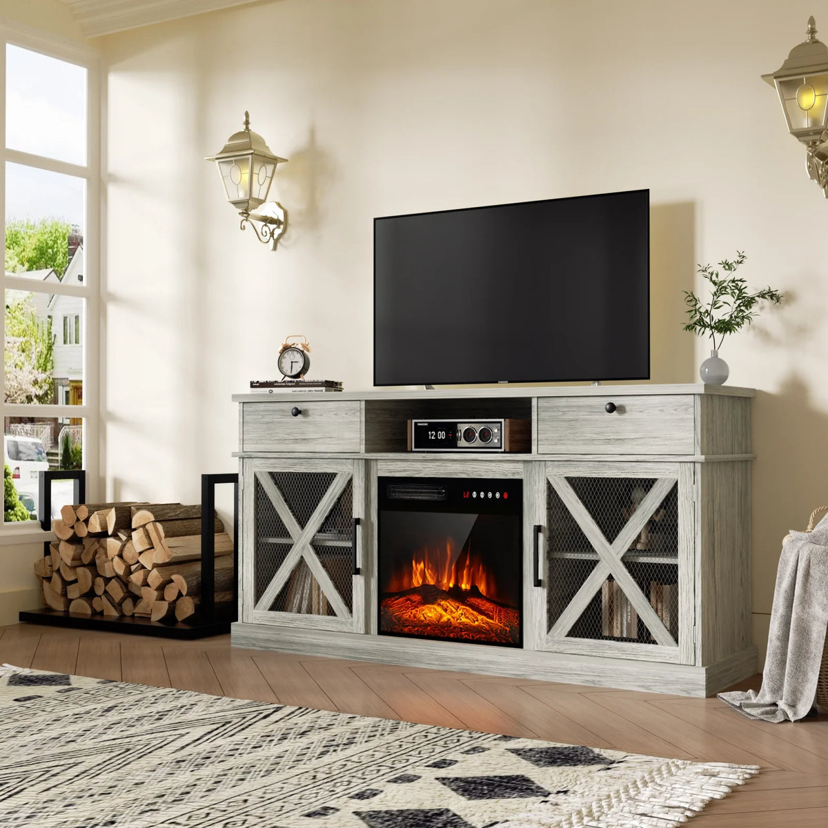 Farmhouse TV Stand with 18 Electric Fireplace B1421