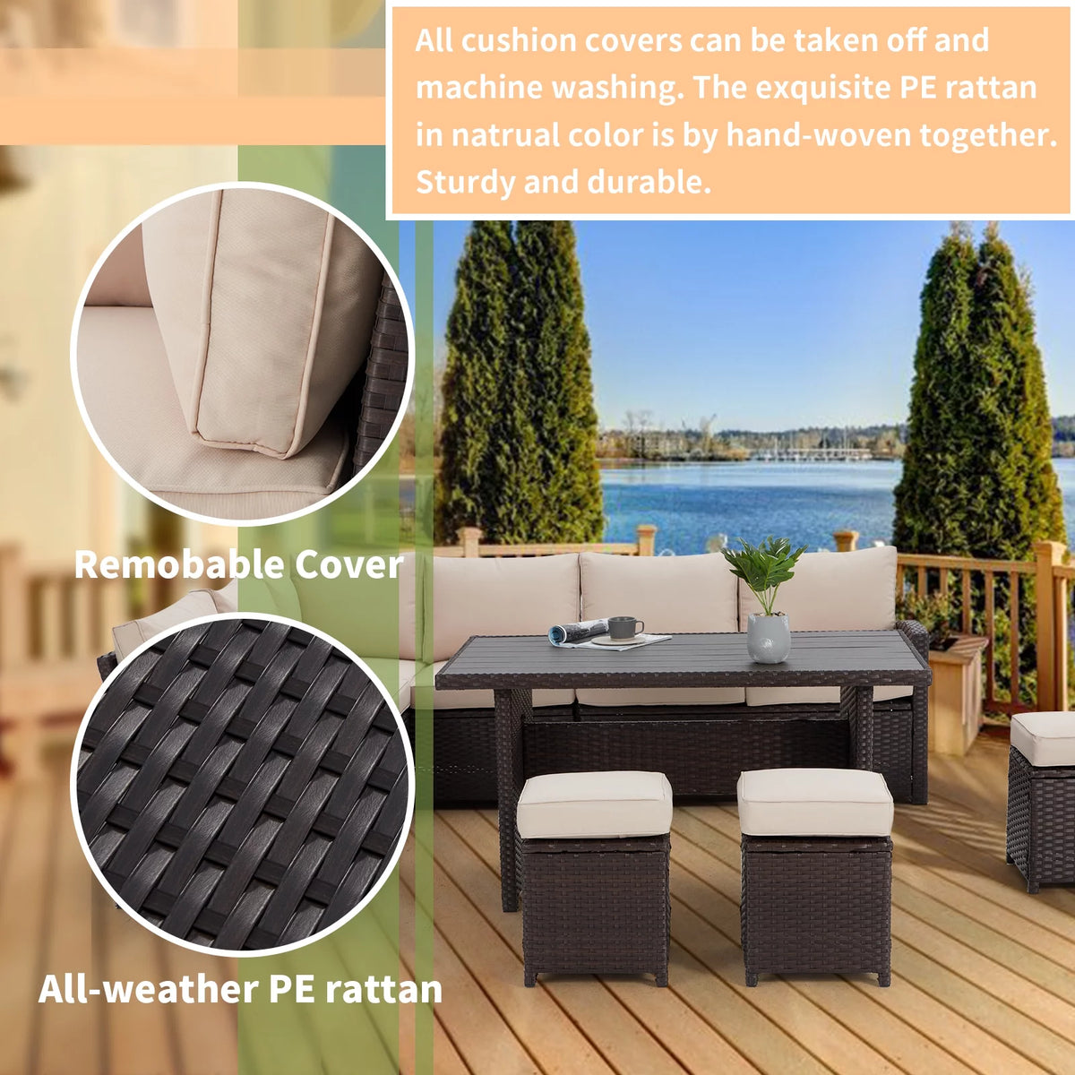 7-Piece Beige Rattan Wicker Sectional Sofa Set K35636
