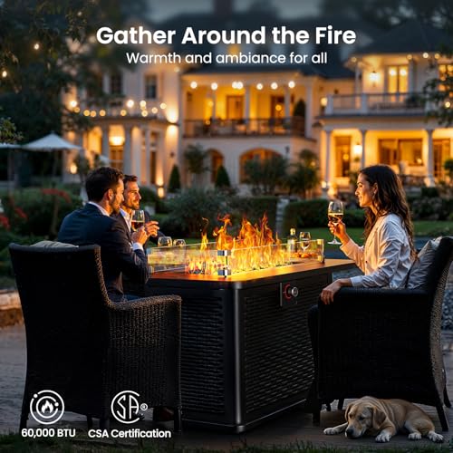 43-Inch Rectangular Propane Fire Pit Table with 60,000 BTU, Glass Stones, and Wind Guard, Black I9748