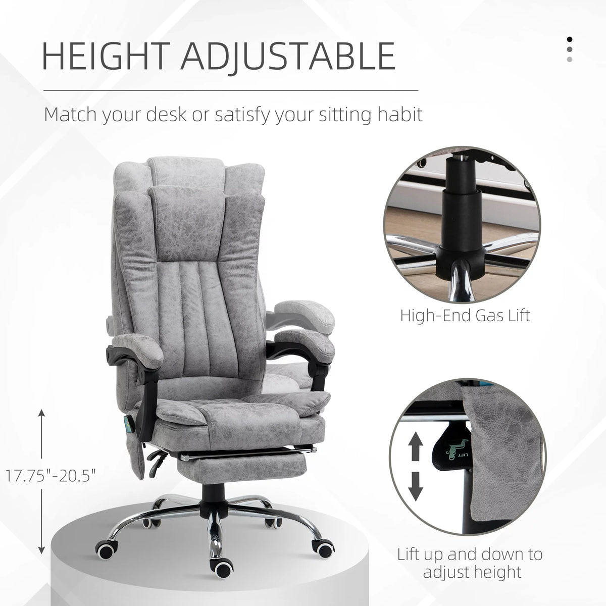 Gray Microfiber High Back Office Chair with Massage and Footrest L568