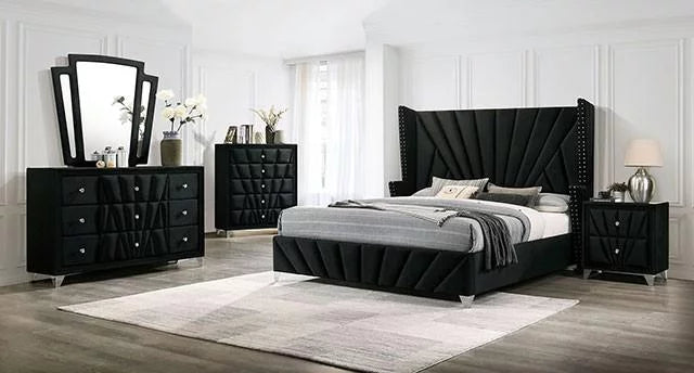 Black Solid Wood Queen Bedroom Set 3pcs T41257