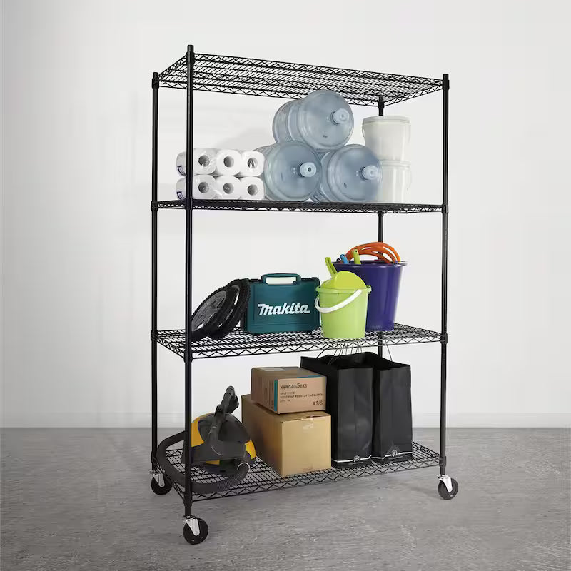 Black 4-Tier Metal Storage Shelving Unit with Casters V97045