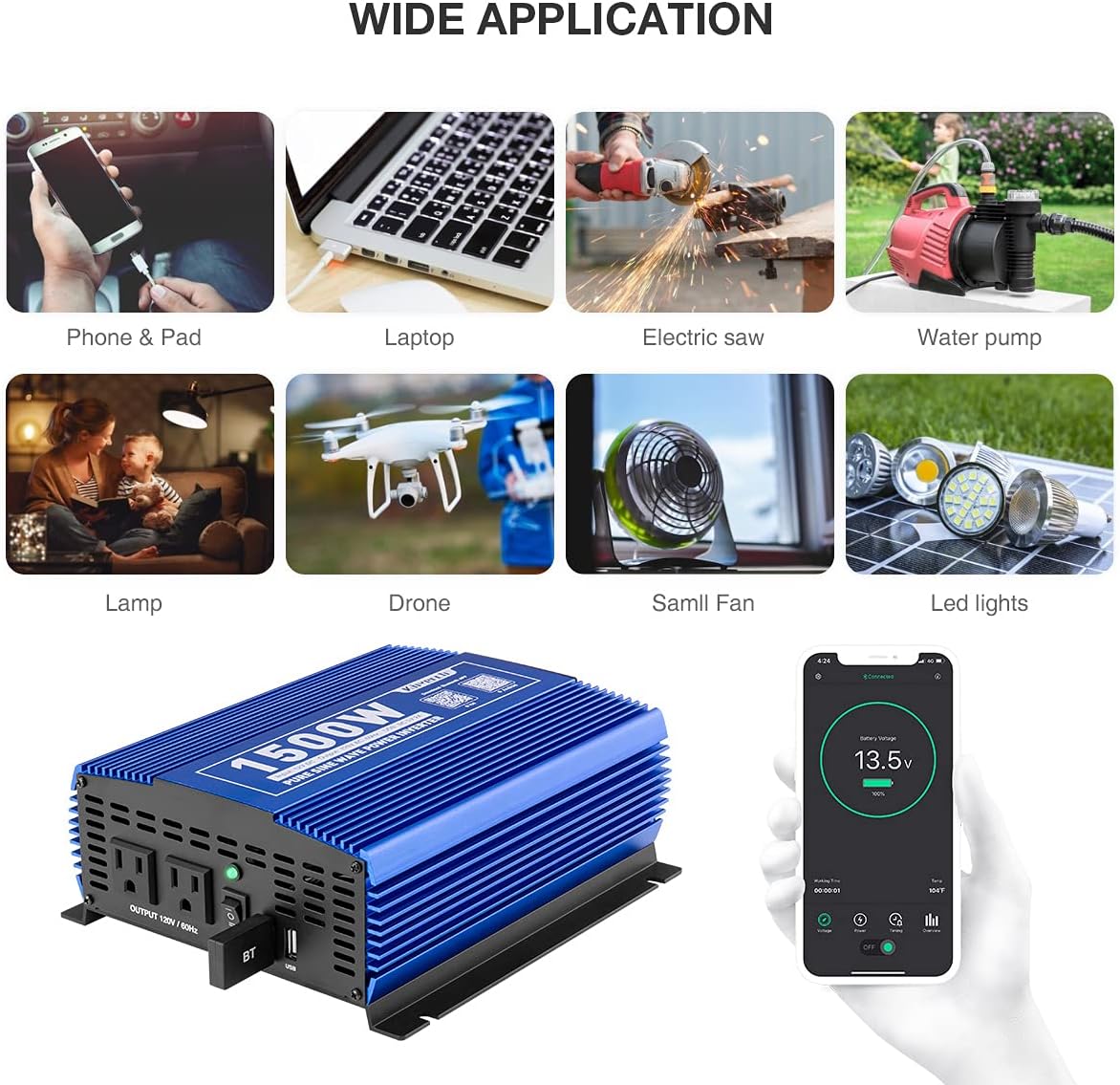 1500W Pure Sine Wave Power Inverter 12V DC to 110V AC with Bluetooth Q618566