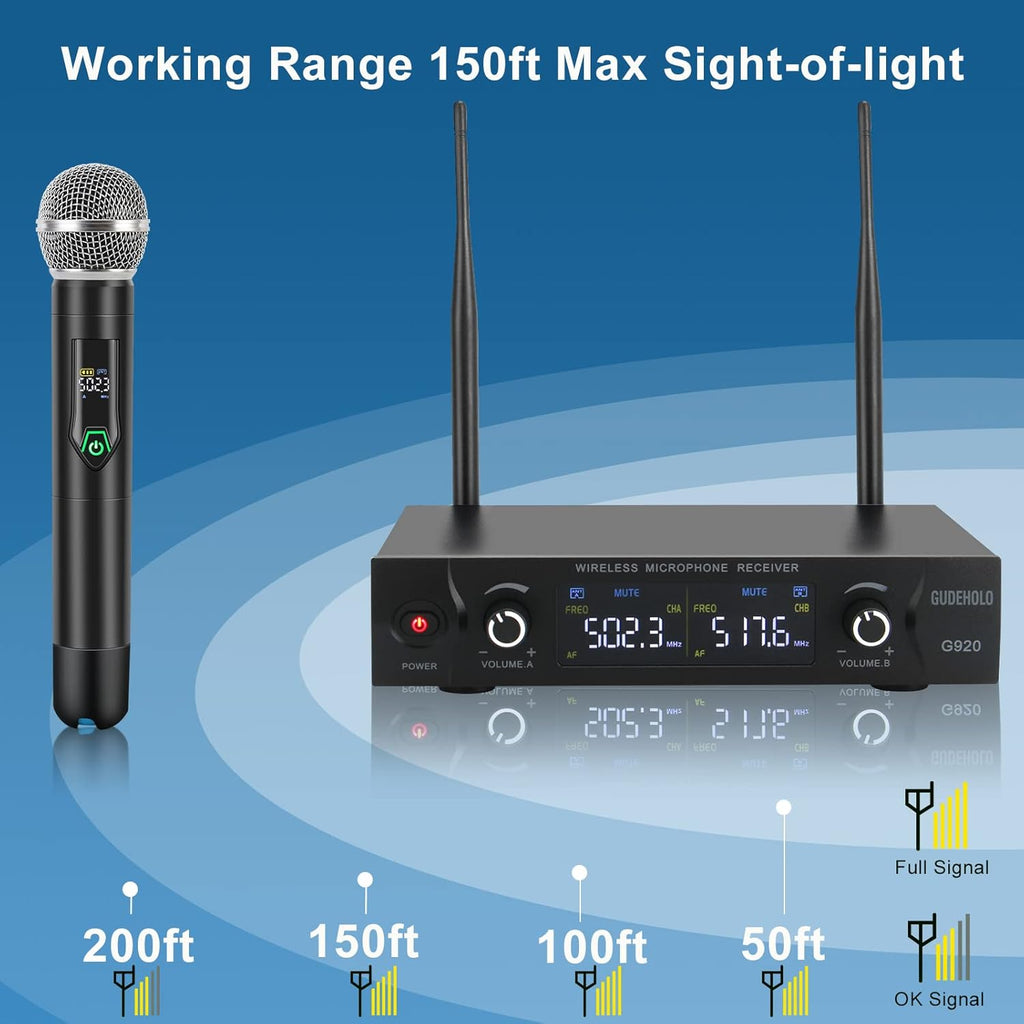 Wireless Microphone System Metal UHF Dual Handheld 20 Channels R5117