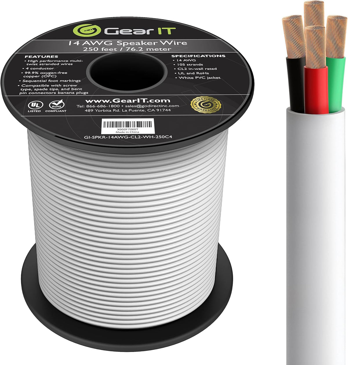 16AWG 4 Conductor OFC Speaker Wire, White 100 Feet C691