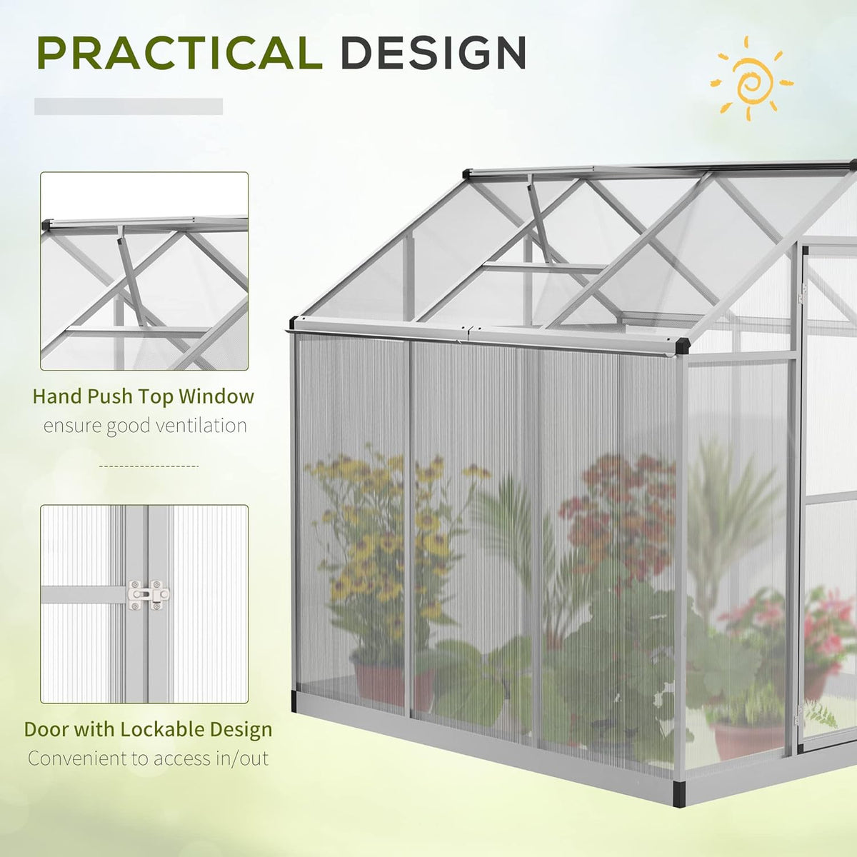 6' x 6' Walk-in Polycarbonate Greenhouse with Roof Vent L383