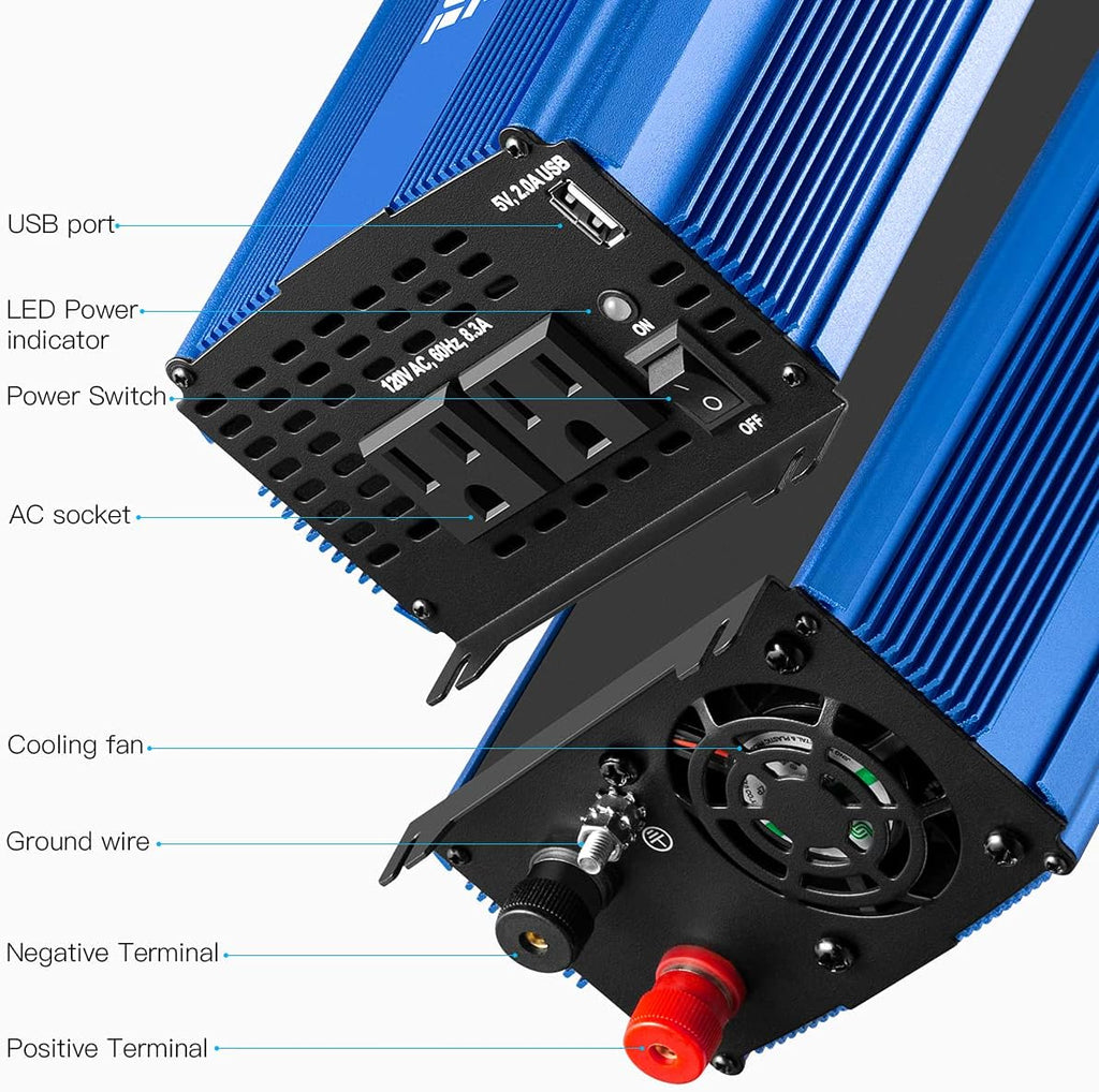1500W Pure Sine Wave Power Inverter 12V DC to 110V AC with Bluetooth Q618566