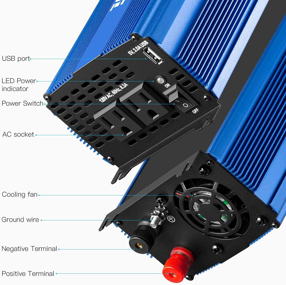 1500W Pure Sine Wave Power Inverter 12V DC to 110V AC with Bluetooth Q618566