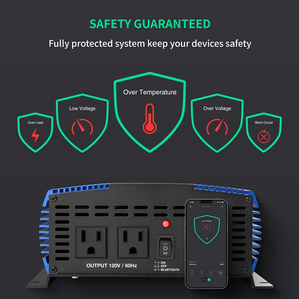 1500W Pure Sine Wave Power Inverter 12V DC to 110V AC with Bluetooth Q618566