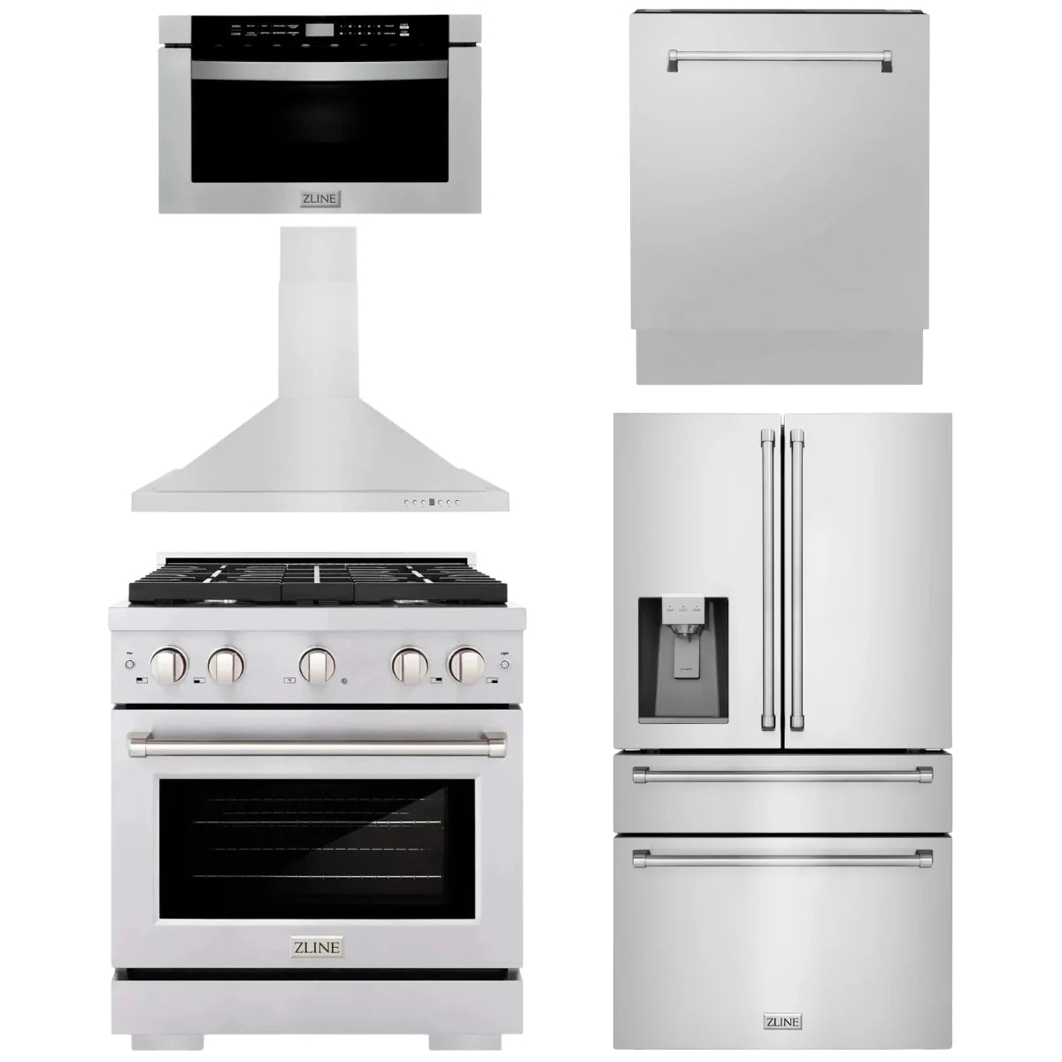 30 Gas Range, Range Hood, Microwave, Refrigerator, Dishwasher in Stainless Steel N390