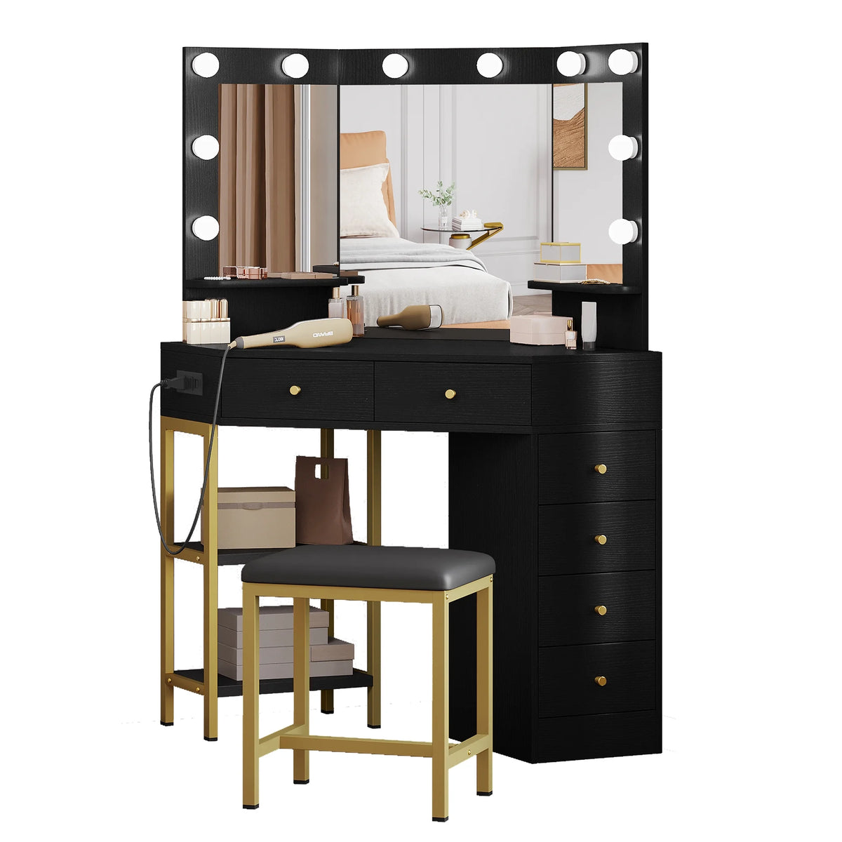 Black Corner Vanity Desk with Mirror and 6 Drawers B5653