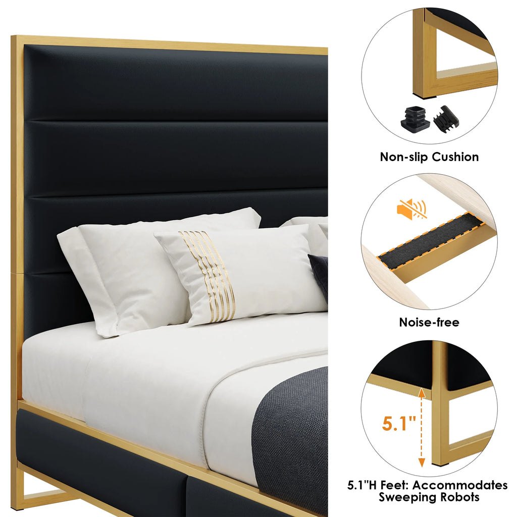 Queen Size Black Velvet Upholstered Platform Bed S64284