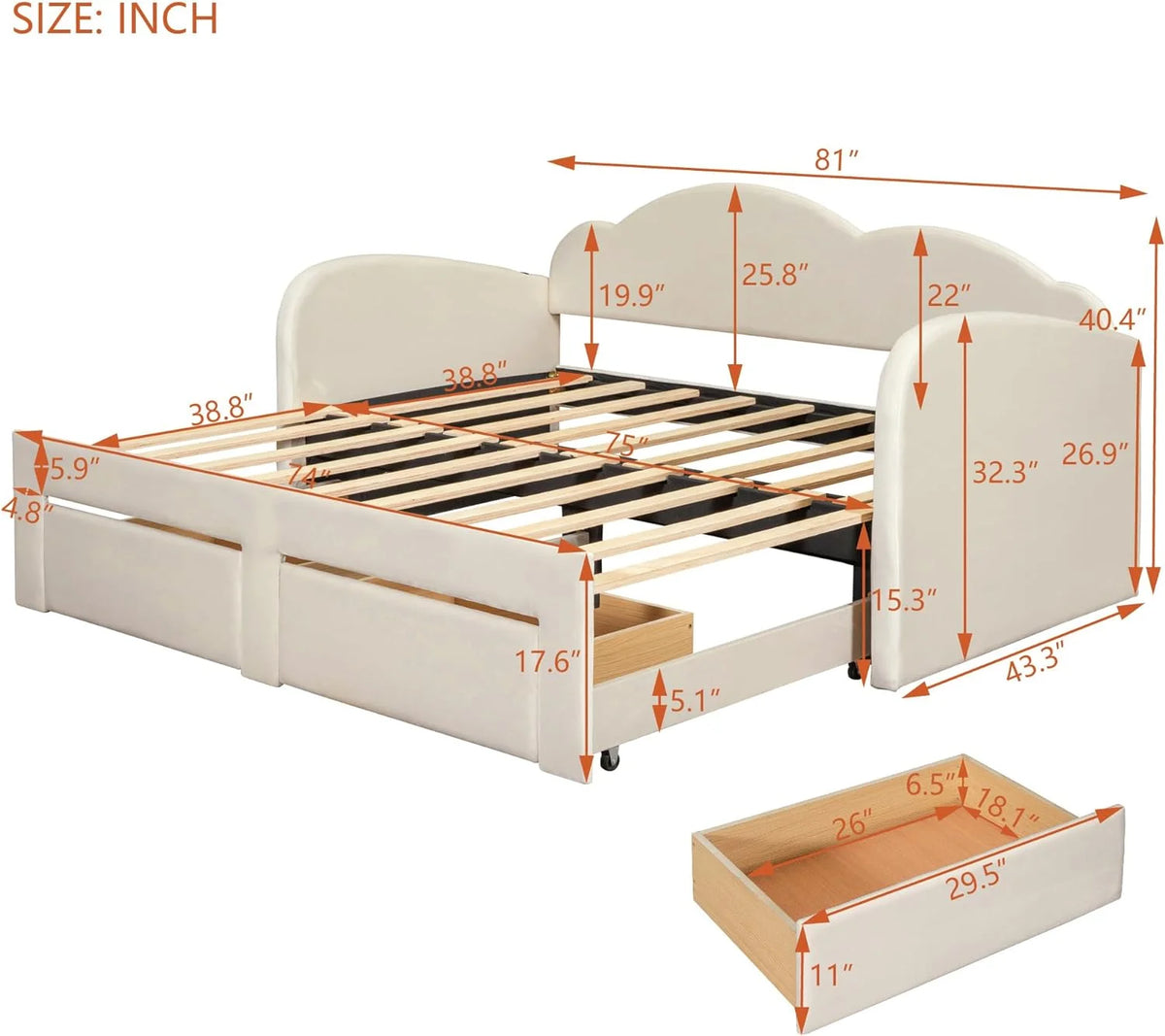 Beige Upholstered Daybed with Storage Drawers and Trundle W5203