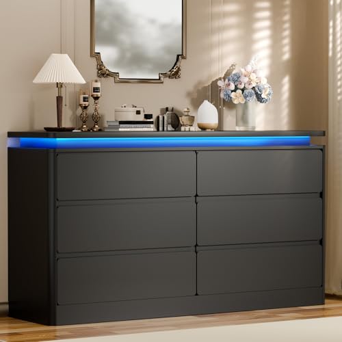 Black 6 Drawer Wood Dresser with Charging Station Q2559