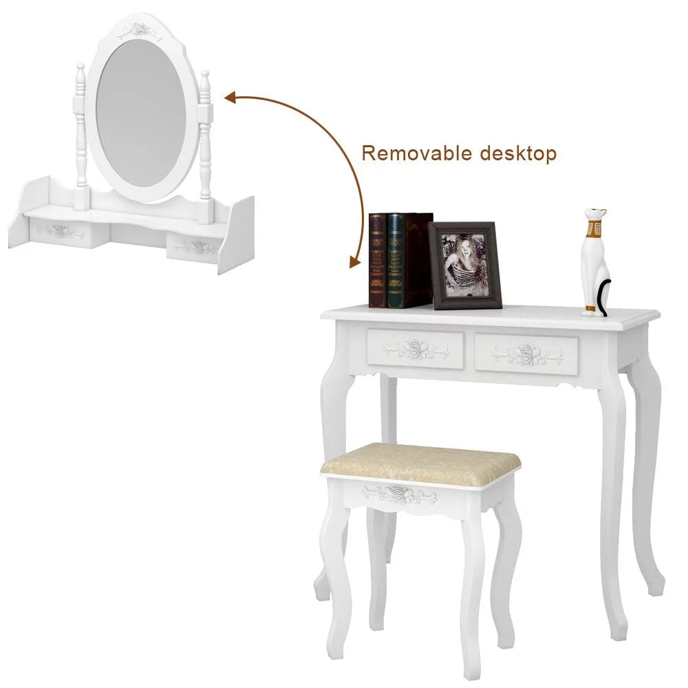 White Vanity Table and Stool Set with 4 Drawers & Mirror O759582