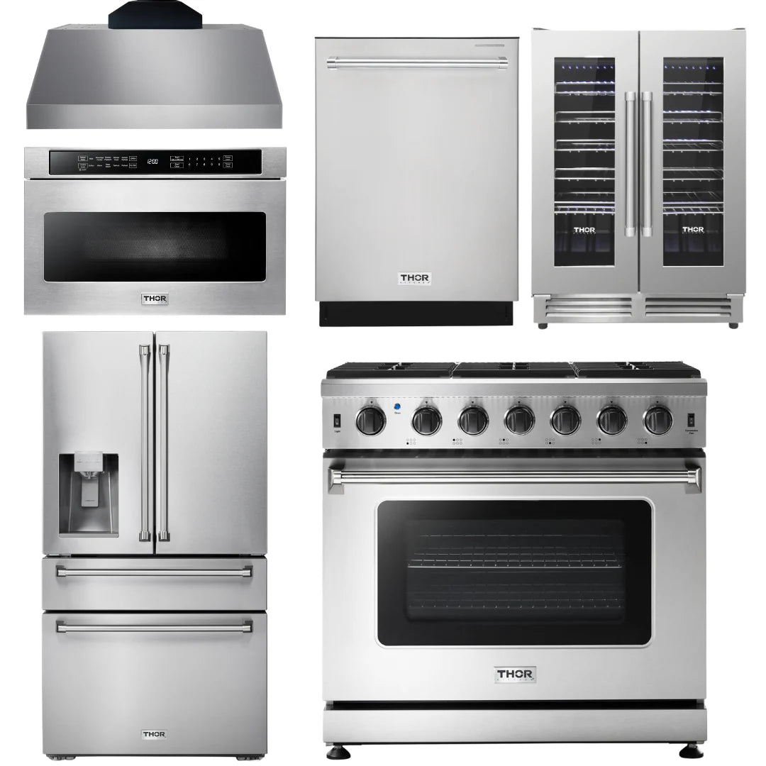 36 Electric Range, Range Hood, Microwave, Refrigerator, Dishwasher, Wine Cooler R54358
