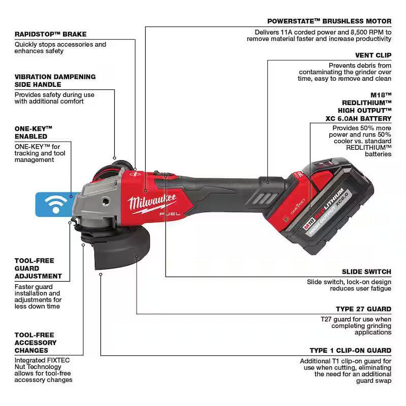 18V Cordless Brushless Braking Grinder Kit with Two 6.0 Batteries P810