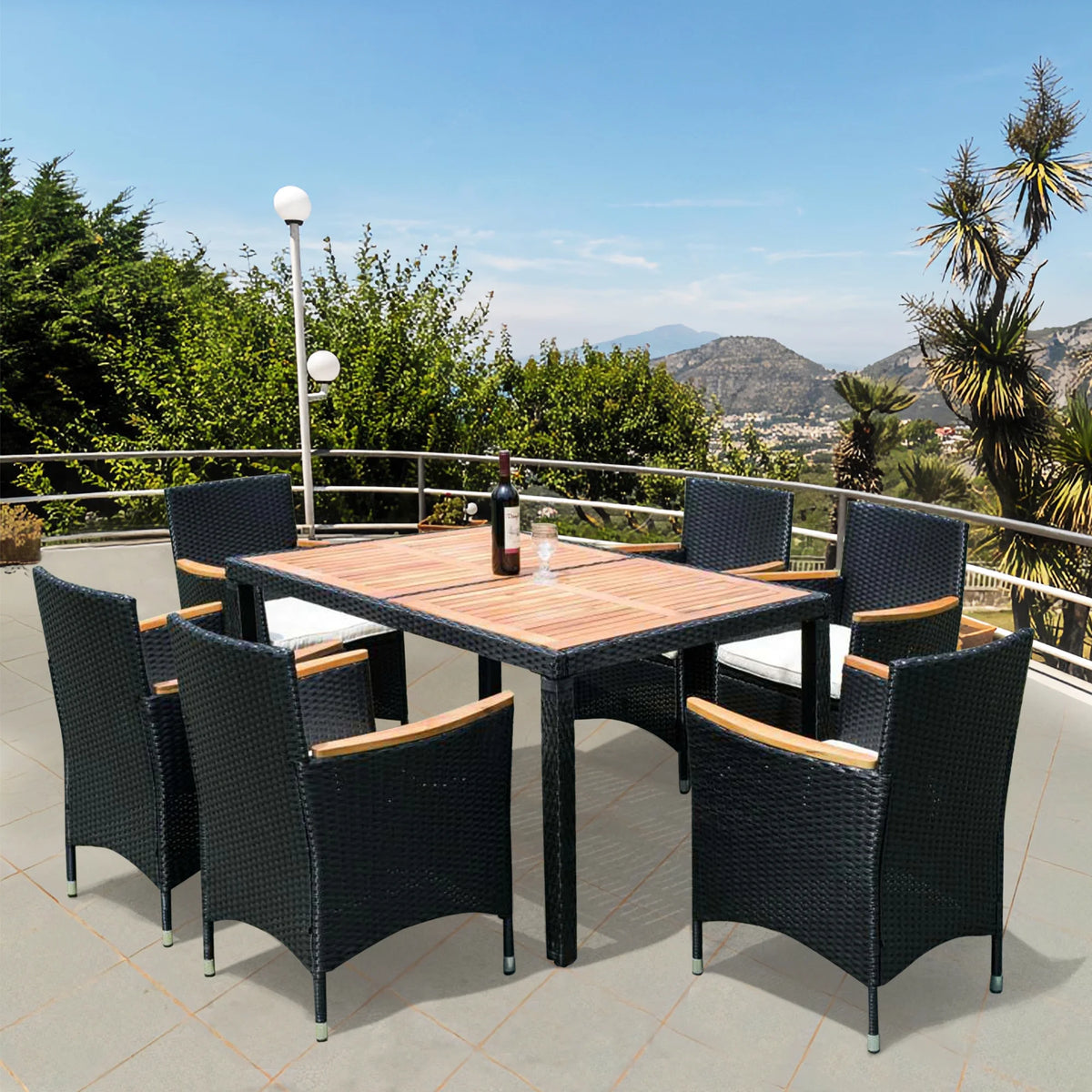 7 Piece Outdoor Wicker Dining Set with Beige Cushions R45358