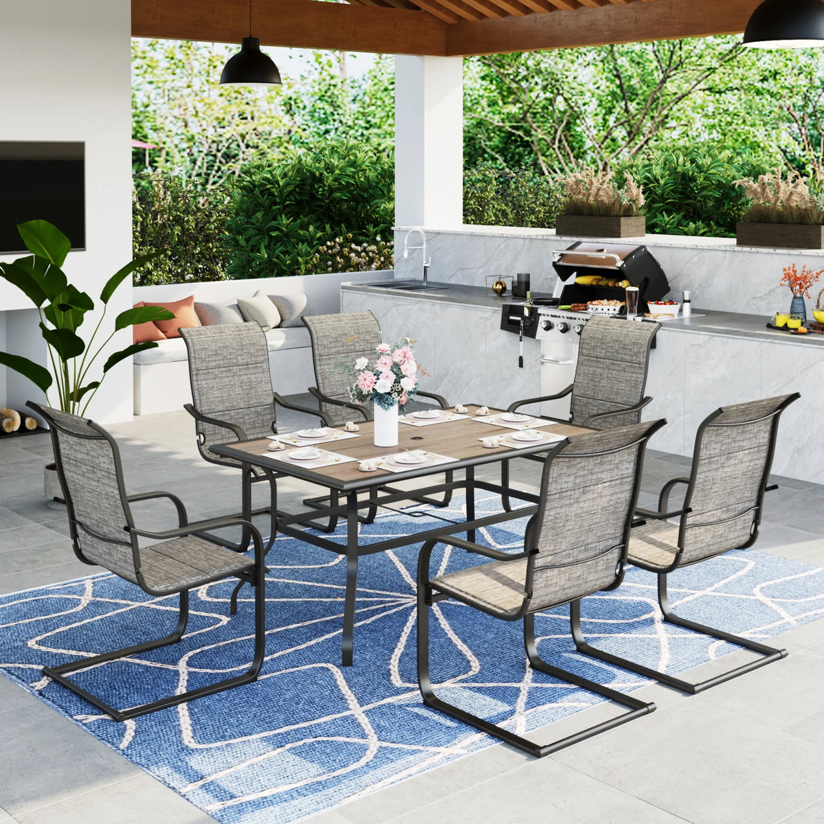 7 Pieces Outdoor Patio Dining Set with 6 Textilene Chairs and Metal Table V20465