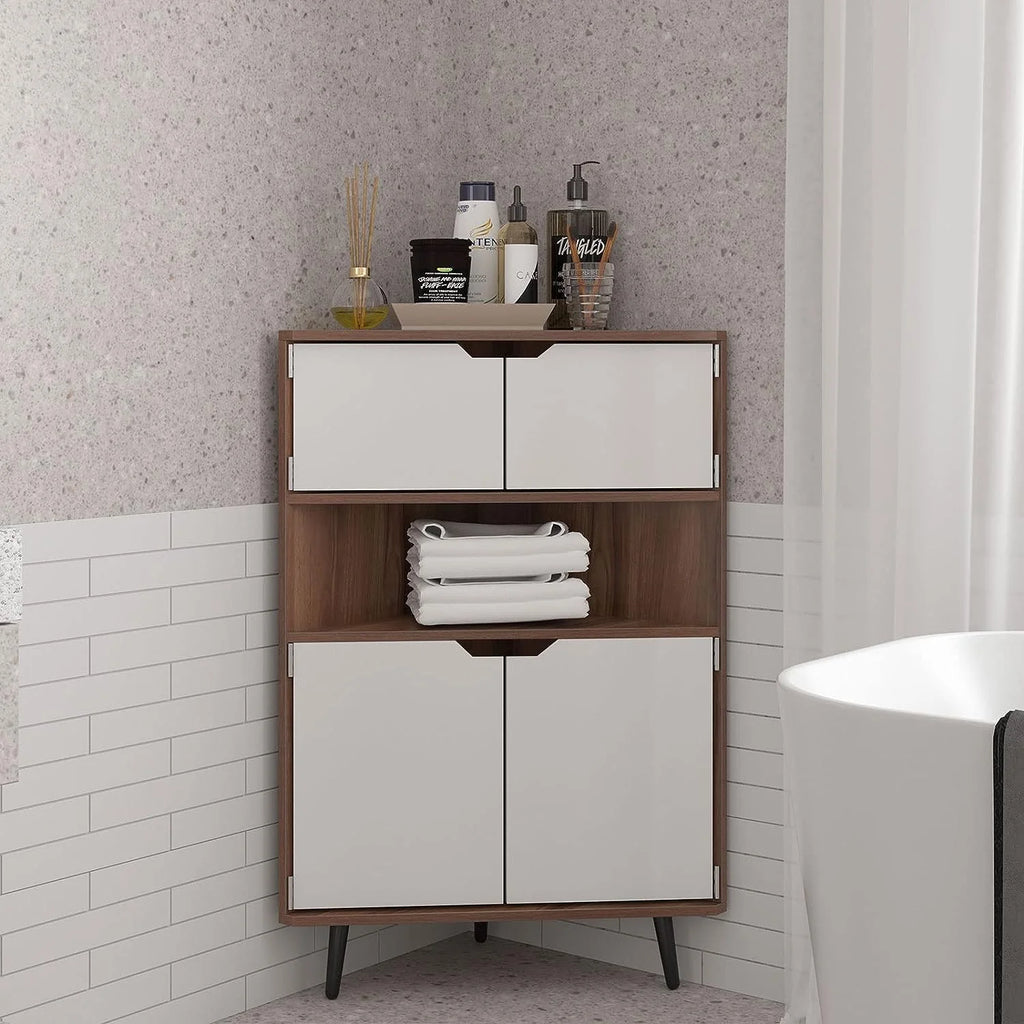 4-Tier Wood Corner Storage Cabinet with 4-Door Cabinet & 1 Cube C190