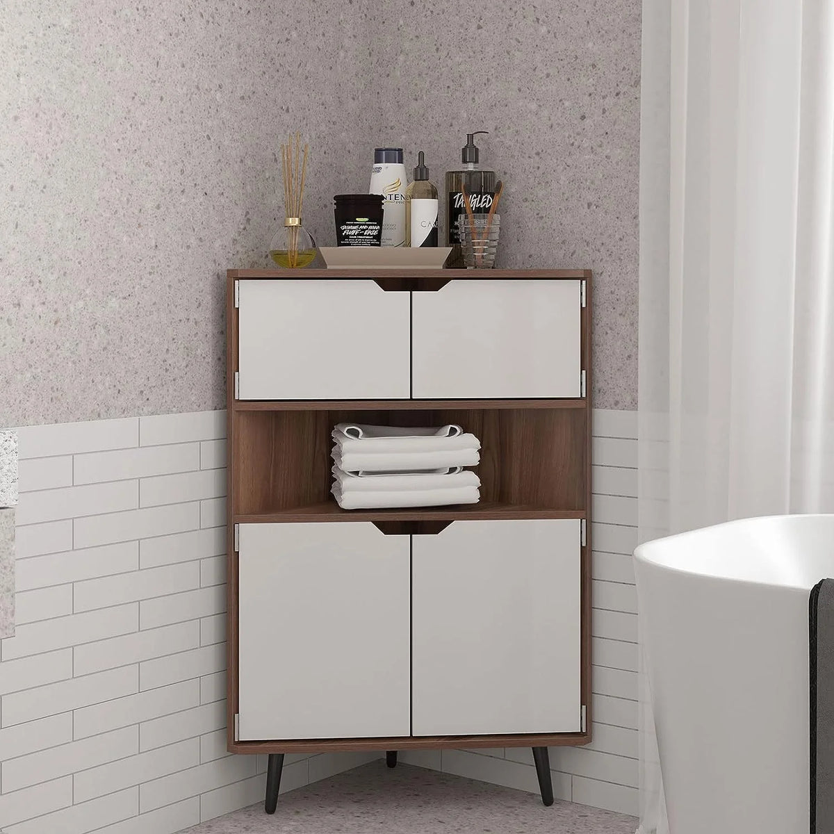4-Tier Wood Corner Storage Cabinet with 4-Door Cabinet & 1 Cube C190