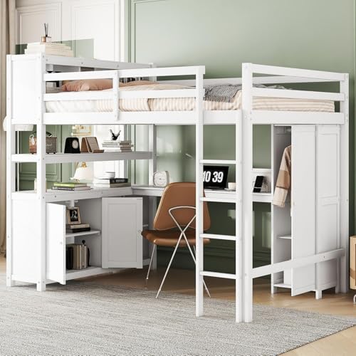 Full Loft Bed with Desk, Wardrobe, Bookshelf & Storage, Dark Blue, Wood Q999913